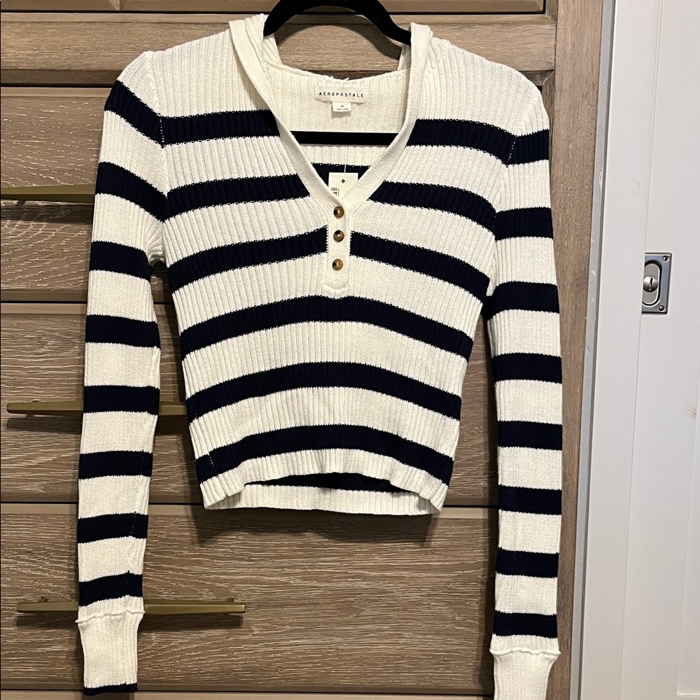 Aeropostale Navy and White Striped Long Sleeve Top with Hood.  Size Medium NWT!